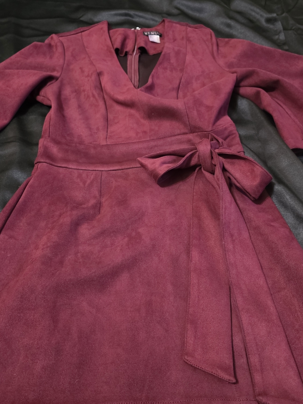 VENUS Burgundy Faux Suede Mini Dress Stretch Bow Tie - Picture 9 of 12